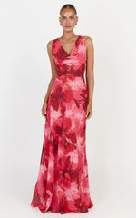 Maila Maxi Dress - Draped Cowl Neckline Dress in Maila Red Floral Print