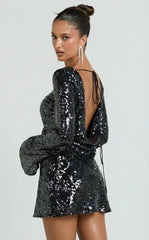 Bertina Mini Dress - Sequin Scoop Neck Low Back Dress in Black