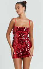 Wilfreda Mini Dress - Sequin Square Neck Bodycon Dress in Red
