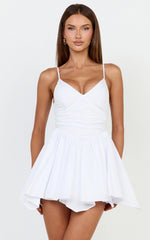 Julie Mini Dress - V Neck Drop V Waist Pleated Dress in White