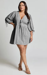 Rosita Mini Dress - Tie Front Puff Sleeve Dress in Black and White Check