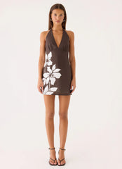 Agneta Halter Linen Mini Dress - Chocolate Tropic Floral