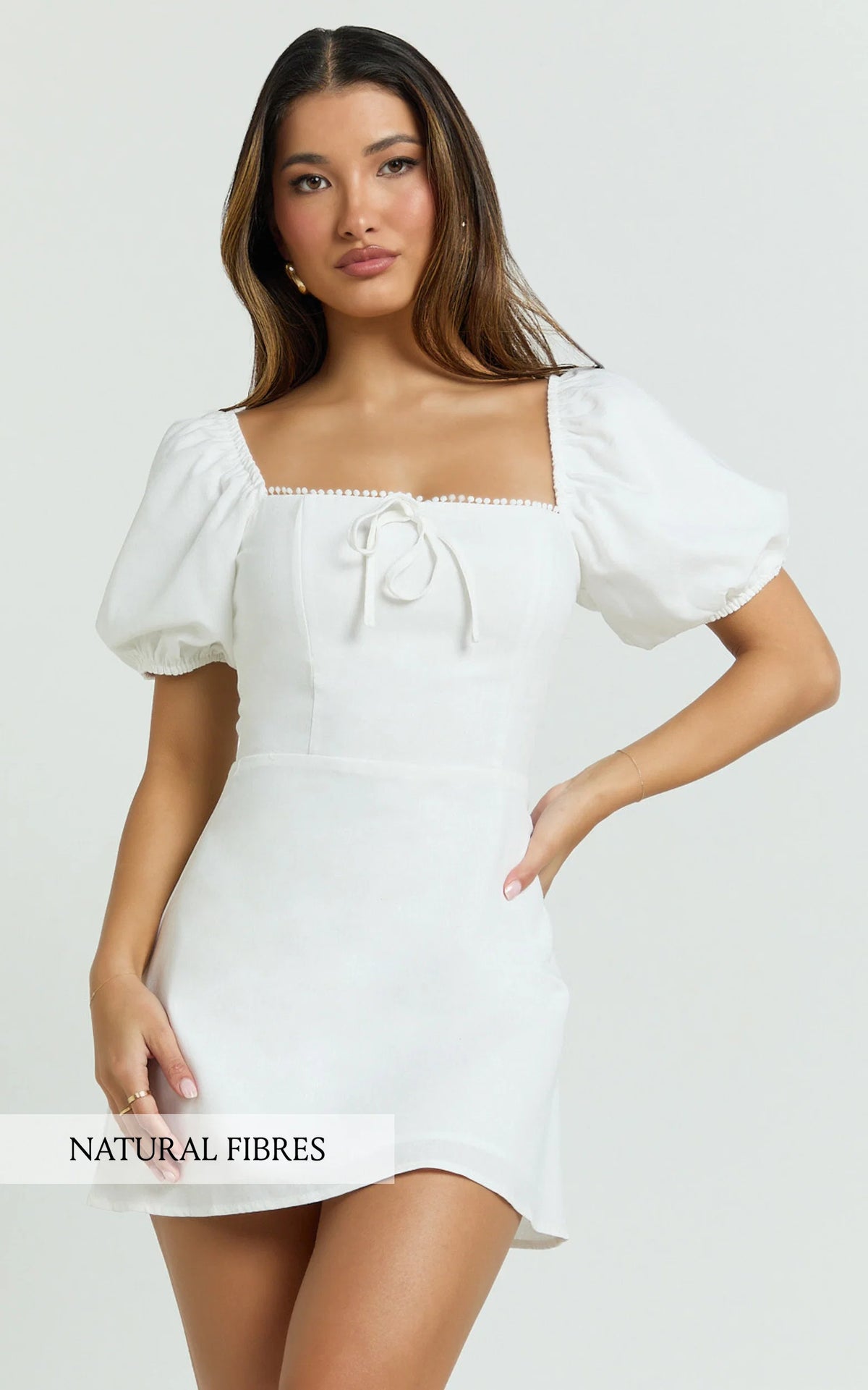 Jules Mini Dress - Puff Sleeve Square Neck Fit And Flare Dress in White