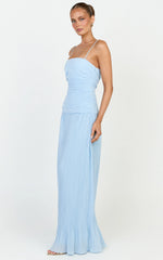 Ashlee Maxi Dress - Strapless Plisse Dropped Waist Split Leg Dress in Light Blue