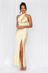 The Adeline Halter Satin Maxi Dress Yellow