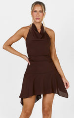 Marlowe Mini Dress - High Cowl Neck Asymmetric Skirt Dress in Chocolate