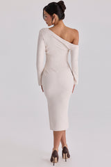 Vintage Ivory Draped Crepe One Shoulder Midi Dress