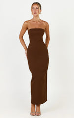 Dessa Midi Dress - Strapless Column Dress in Chocolate