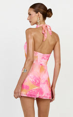 Elouise Mini Dress - Halter Cowl Neck Dress in Hot House Orchid Print