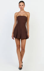 Kalliste Mini Dress - Strapless Godet Pleat Fit And Flare Dress in Chocolate