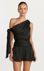 Giselle Mini Dress - Asymmetrical One Shoulder Tie Detail Dress in Black