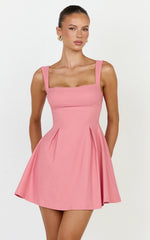 Ida Mini Dress - Wide Strap Straight Neck  Bow Back Dress in Pink