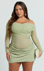 Jade Mini Dress - Long Sleeve Off Shoulder Draped Bias Cut Dress in Sage