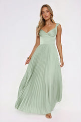 Satin Glow Pleated Maxi Dress Green