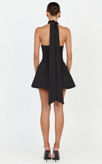 Helia Mini Dress - High Halter Neck Scarf Detail A Line Dress in Black