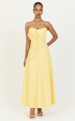 Dahlia Midi Dress - Strapless Side Frill Pleated A Line Dress in Lemon