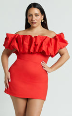 Coraline Mini Dress - Ruffle Off Shoulder Fitted Dress in Red