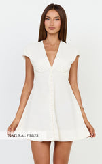 Tallulah Mini Dress - Linen V Neck A Line Dress in White