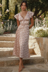 Vintage Floral Print Pink Satin V-neck Midi Tea Dress