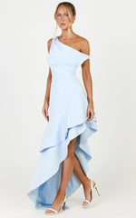 Alani Maxi Dress - Off Shoulder Asymmetric Flounce Dress in Light Blue