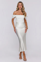 Love Looks Good Lace Satin Off Shoulder Maxi Dress White