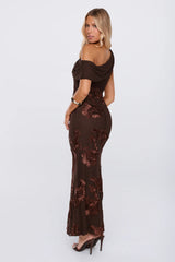 Next Level Chic Mesh One Shoulder Maxi Dress Brown