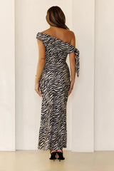 Wild Energy Zebra Knot Off Shoulder Maxi Dress Black