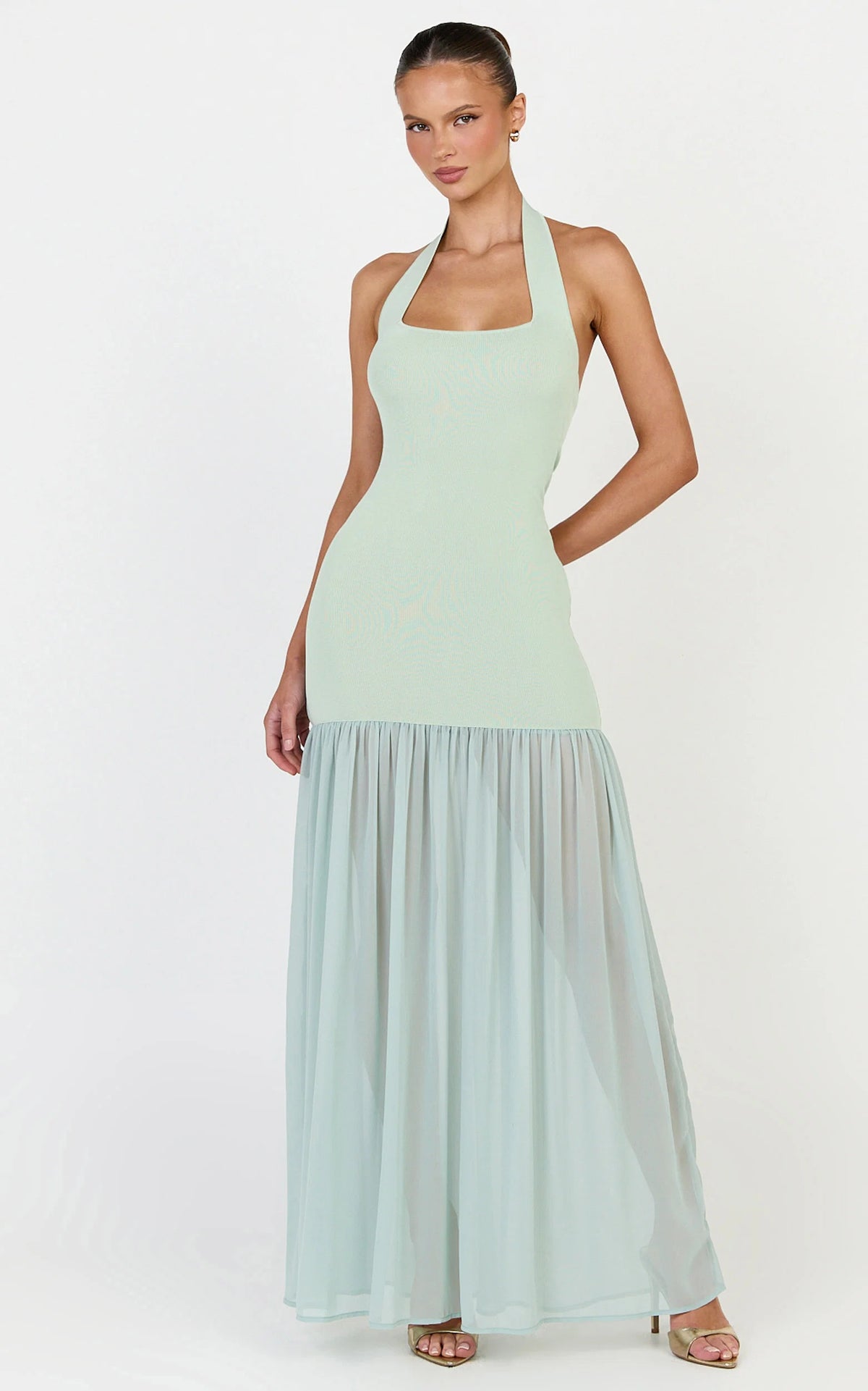 Barbara Maxi Dress - Halter Scoop Neck Contrast Georgette Dress in Sage