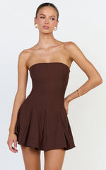 Kalliste Mini Dress - Strapless Godet Pleat Fit And Flare Dress in Chocolate