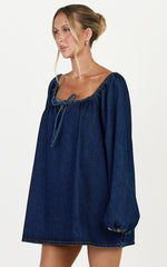 Zaria Mini Dress - Tie Detail Long Sleeve Smock Dress in Dark Blue Wash