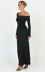 Daisy Maxi Dress - Long Sleeve Gold Hardware Detail Maxi Dress in Black