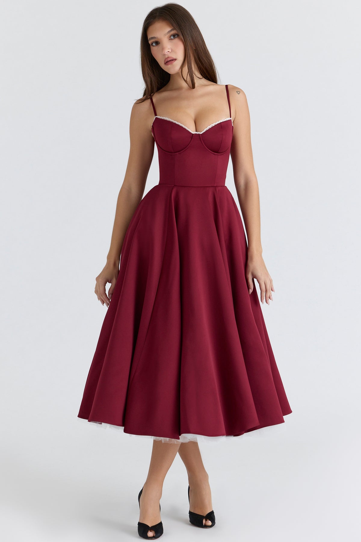 Wine Satin Tulle Midi Dress