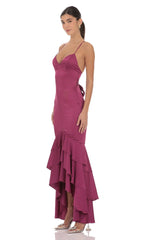 Satin Ruffle Fishtail Maxi Dress in Magenta