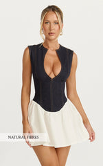 Schiffer Mini Dress - Low Cut Notch Neck Contrast Denim Mini Dress in Raw