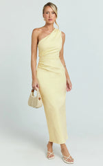 Karlie Midi Dress - One Shoulder Fitted Dress in Lemon