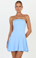 Poppy Mini Dress - Contrast Skirt Strapless Dress in Blue