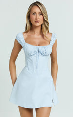 Charlotte Mini Dress - Cap Sleeve Fit And Flare Dress in Blue