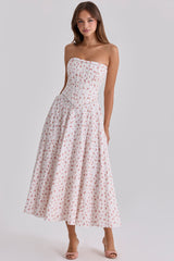 White Rose Print Strapless Cotton Maxi Dress