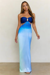 Shifting Tides Satin Ombre Strapless Maxi Dress Blue
