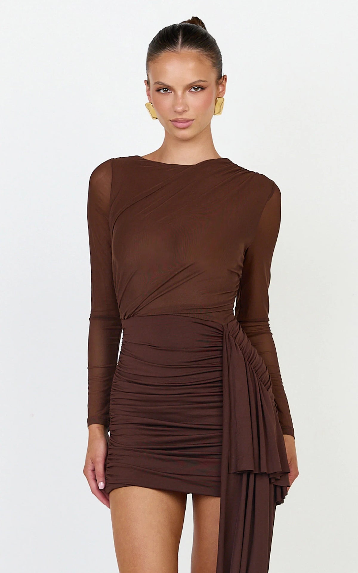 Jasmine Mini Dress - Long Sleeve Draped Skirt Overlay Dress in Chocolate