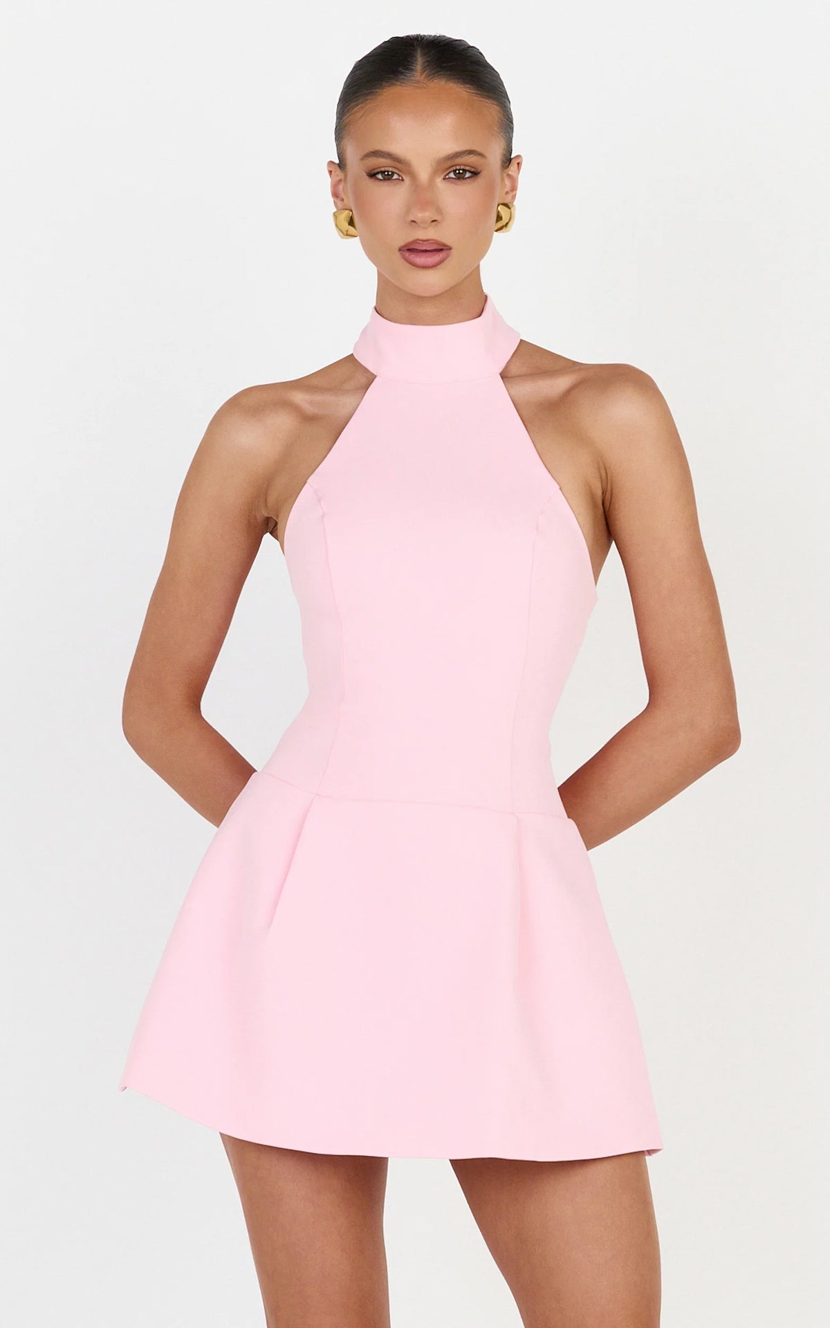Helia Mini Dress - High Halter Neck Scarf Detail A Line Dress in Pink