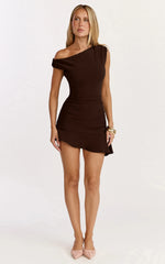 Goldie Mini Dress - Tipped Off Shoulder Cap Sleeve Ruched Fitted Ruffle Hem Skirt Dress in Chocolate