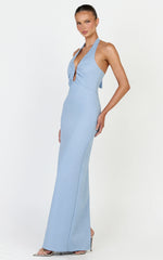 Baya Maxi Dress - Gathered Plunge Neckline Halter Dress in Pale Blue