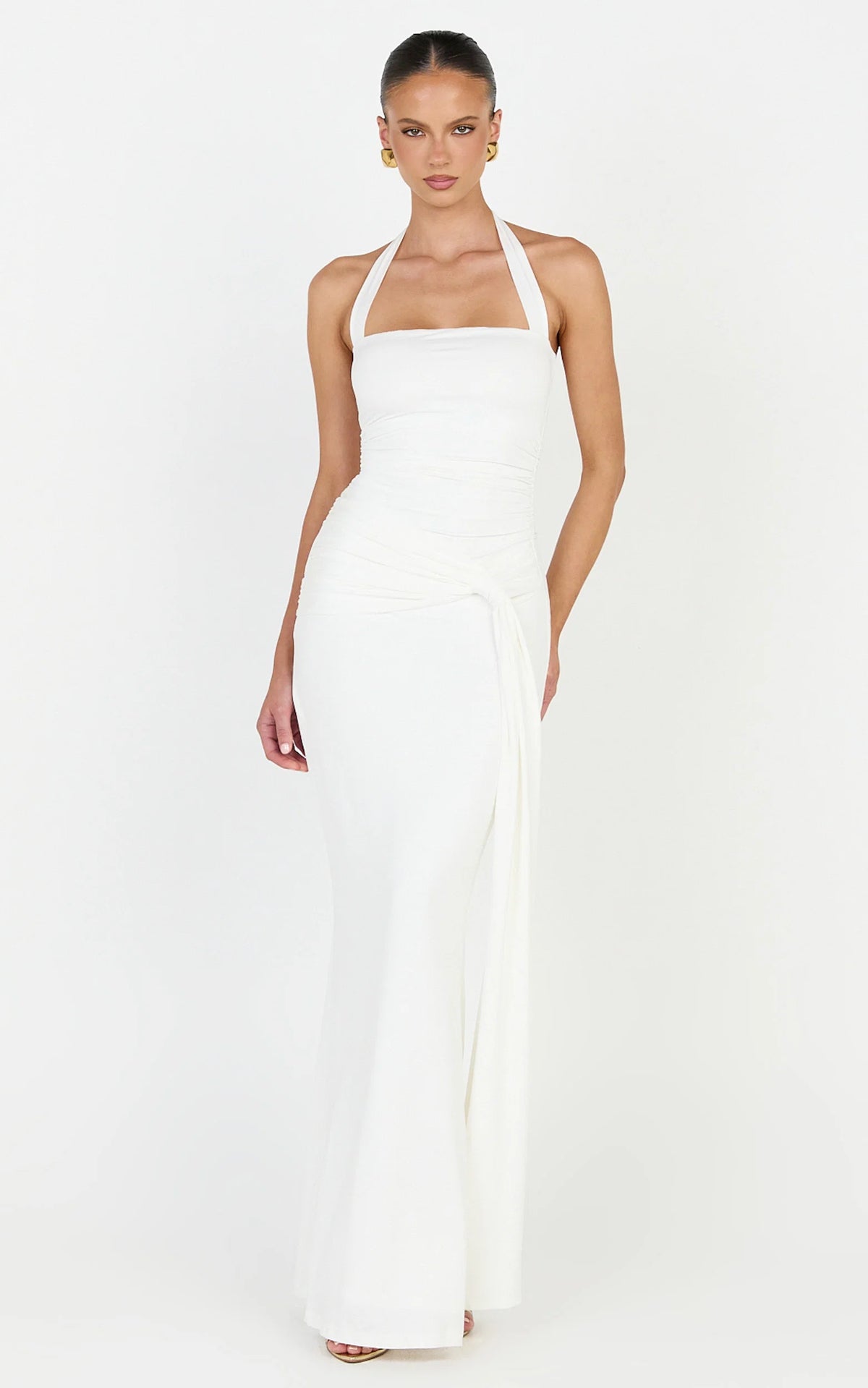 Amaya Maxi Dress - Draped Sash Halter Dress in White