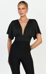 Liana Bodysuit - Plunge Neck Wide Sleeve Bodysuit in Black