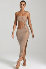 Embellished Cut-Out Bandeau Maxi Dress in Honey