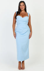 Kenna Midi Dress - Gathered Bust Tucked Waist Dress in Pale Blue