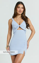 Finnley Mini Dress - Linen Twist Front Cut Out Dress in Baby Blue