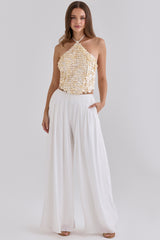 Ivory Georgette Hand Beaded Shell Embellished Halter Neck Top - Limited Edition