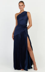 Clarissa Maxi Dress - One Shoulder Pleated Dress in Navy
